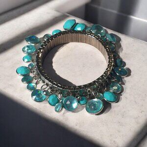 Turquoise Silver Tone Stretch Link Bracelet Women Faceted Beads Rhinestones